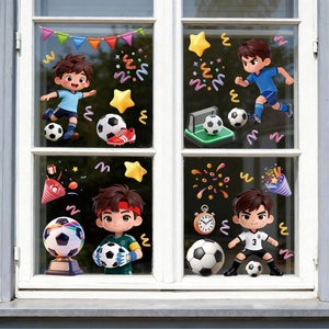 Detail of 3D cartoon soccer stickers on a white window frame featuring cute football players