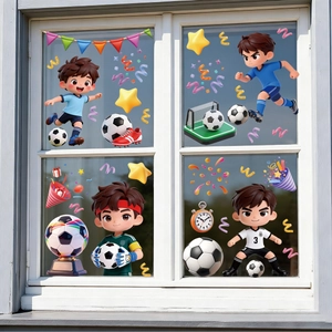 Detailed view of 2026 World Cup soccer window stickers on white wooden frames
