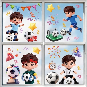 Detail of 3D cartoon football stickers showing cute players and soccer trophies for windows