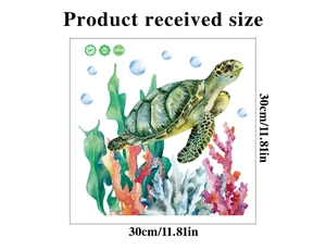 Detailed size chart for watercolor sea turtle and coral PVC wall stickers