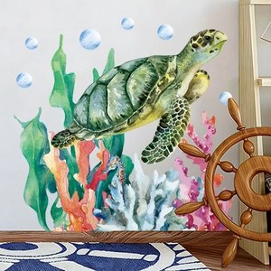 Vibrant sea turtle and seahorse wall stickers set with coral and marine plants decor