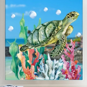 Ocean sea turtle and coral watercolor window stickers for coastal home glass decoration