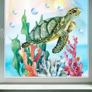 Ocean sea turtle and coral watercolor window stickers for home glass decor