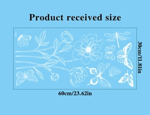 Detailed dimensions of white butterfly and flower glass stickers measuring 60x30cm
