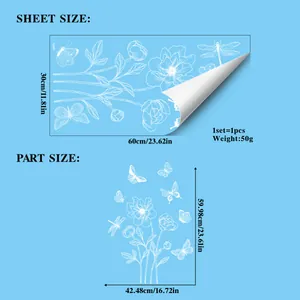 Size specifications for white butterfly and flower glass decals measuring 60x30 cm