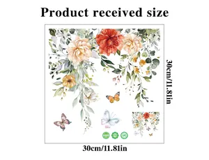 Size chart showing 30x30cm watercolor floral wall stickers with butterflies on PVC