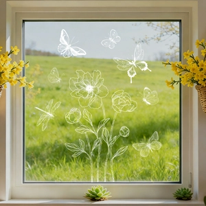 White floral and butterfly static window film decals showing spring flowers and insects