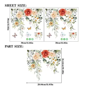 Size guide for floral wall stickers showing dimensions of flower and butterfly decals