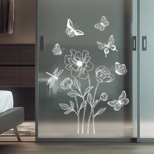 White butterfly and flower static glass stickers for home window decoration
