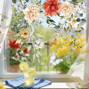Watercolor Flower Butterfly Wall Stickers PVC Self-Adhesive Window Glass Decals For Home Office Room Decoration Floral