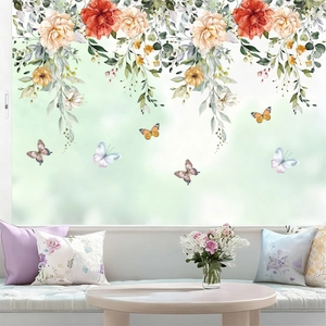 Spring floral wall stickers with colorful flowers and butterflies for glass door decor