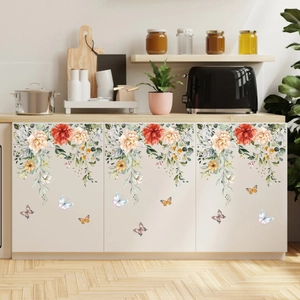 Watercolor floral cabinet stickers with orange flowers and colorful butterflies décor