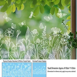 Detailed view of white floral and dragonfly static stickers applied on a glass window