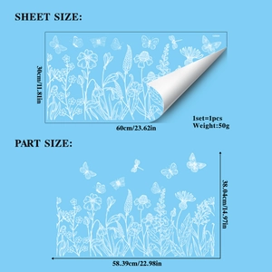 Detailed size guide for white line floral butterfly static glass decals showing dimensions