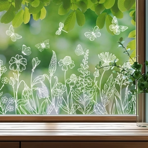 White Line Art Flower Butterfly Dragonfly Static Cling Window Stickers PVC Removable Glass Decals For Home Shop Decor