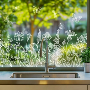White minimalist floral and butterfly static window cling stickers for glass decoration