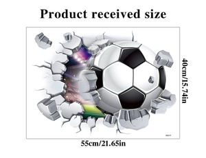 3D cracked wall football sticker showing dimension measurements 40x55cm size details
