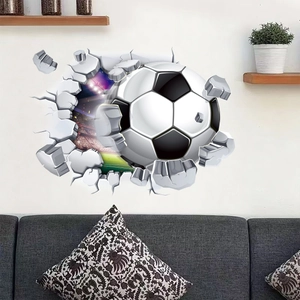 3D football breakout wall decal showing a soccer ball crashing through a white brick wall