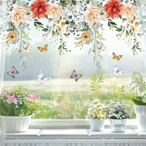 Spring floral wall stickers with colorful flowers and butterflies on a glass window scene
