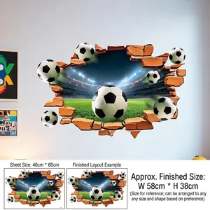 3D-Fußball-Wandtattoo mit Mauerdurchbruch-Effekt und Stadionmotiv mit Abmessungen