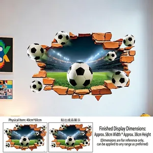 3D soccer wall decal showing broken wall effect and stadium grass field dimensions
