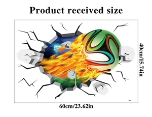 Detailed size specification for 3D flaming football wall decal measuring 60x40cm