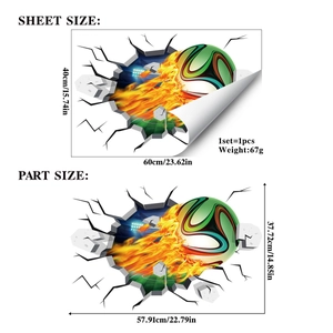 3D visual broken wall football wall sticker with sheet size 40x60cm and part size details