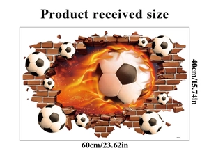 Detailed dimension guide of 3D cracked wall football sticker showing 60x40cm size