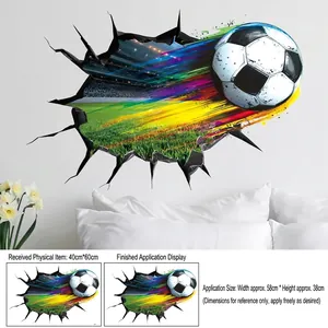 3D soccer wall sticker with realistic ball crashing through a wall, 40x60cm PVC decal