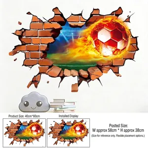 3D flaming soccer ball breaking through a brick wall decal with size dimensions display