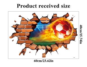 Detailed 3D soccer wall sticker dimensions showing 60x40cm size with flame effect design