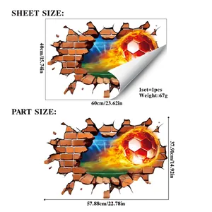 Size chart for 3D soccer wall decal showing sheet and part dimensions in cm and inches