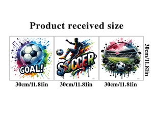 Detailed view of three 3D soccer wall stickers with measurements of 30cm by 11.81in size