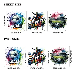 Detailed size chart for 3D soccer wall stickers showing dimensions of 30cm by 30cm sheets
