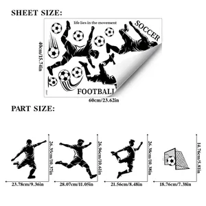 Tableau des tailles stickers muraux football avec silhouettes et dimensions de but