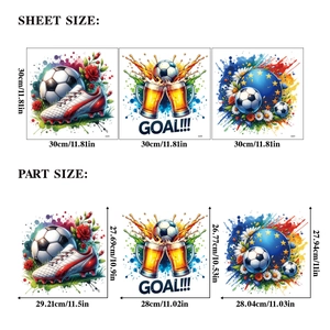 Detail showing 30x30cm soccer wall sticker sheet size and individual part dimensions