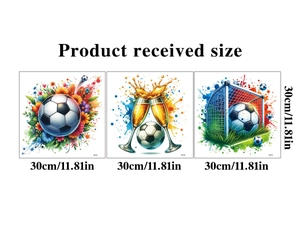 Detailed size chart for 3D soccer wall stickers showing three creative football designs