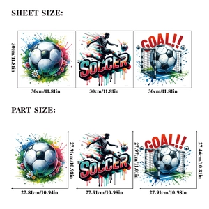 Detailed size chart for 3D soccer wall decals with Goal and Soccer graffiti designs