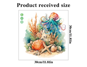 Detailed dimension layout for 30x30cm PVC watercolor octopus and starfish wall stickers