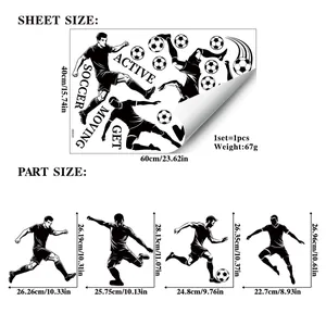 Tableau des tailles de stickers football avec silhouettes et dimensions 60x40cm