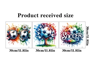 Set of 3 creative watercolor soccer wall stickers showing dimensions and artistic designs