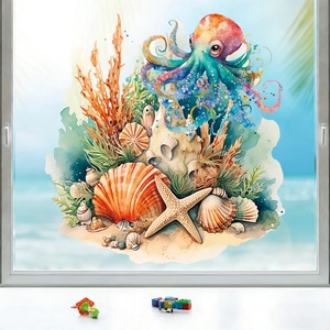 Vibrant watercolor ocean window stickers with octopus and starfish on glass