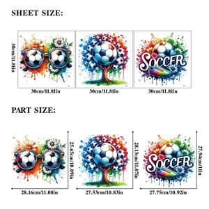 Detailed dimension sheet for 3D soccer wall stickers with colorful watercolor designs