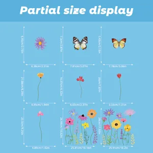 Detailed size guide for floral and butterfly wall stickers with measurements in cm and inches