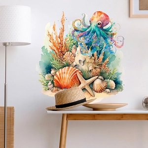 Colorful watercolor octopus and starfish wall stickers for ocean themed home window decor