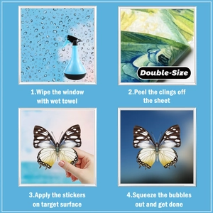Installation guide showing steps to apply double-sided butterfly static window clings