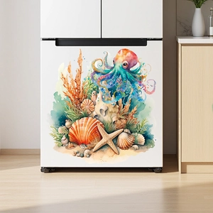 Watercolor ocean decals with octopus and starfish on a white refrigerator surface