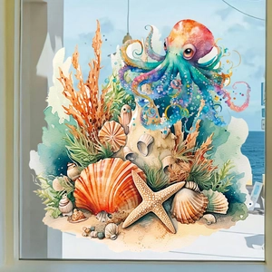 Vibrant watercolor octopus and seashell window decals on a sunny glass background