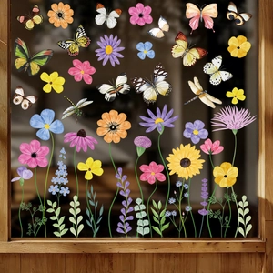 Butterfly Sunflower Window Clings Double Sided Static Stickers Watercolor Floral Glass Decals Removable Home Decoration