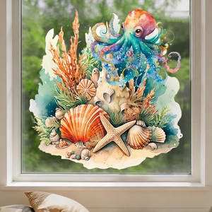 Detailed watercolor starfish and octopus window decals for bright home decor on glass